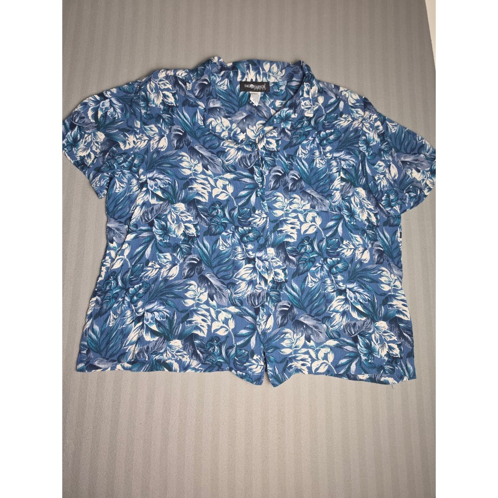 Vintage Sag Harbor Woman Blue Floral Rayon Button Down Blouse 1X TI4076